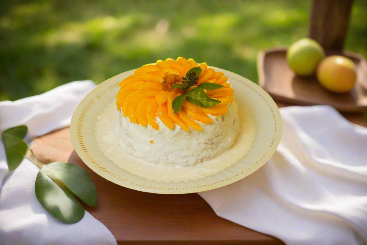 Mango Tres Leches Cake: Soft sponge soaked in a creamy Tres Leches blend, topped with fresh mango slices and smooth cream.