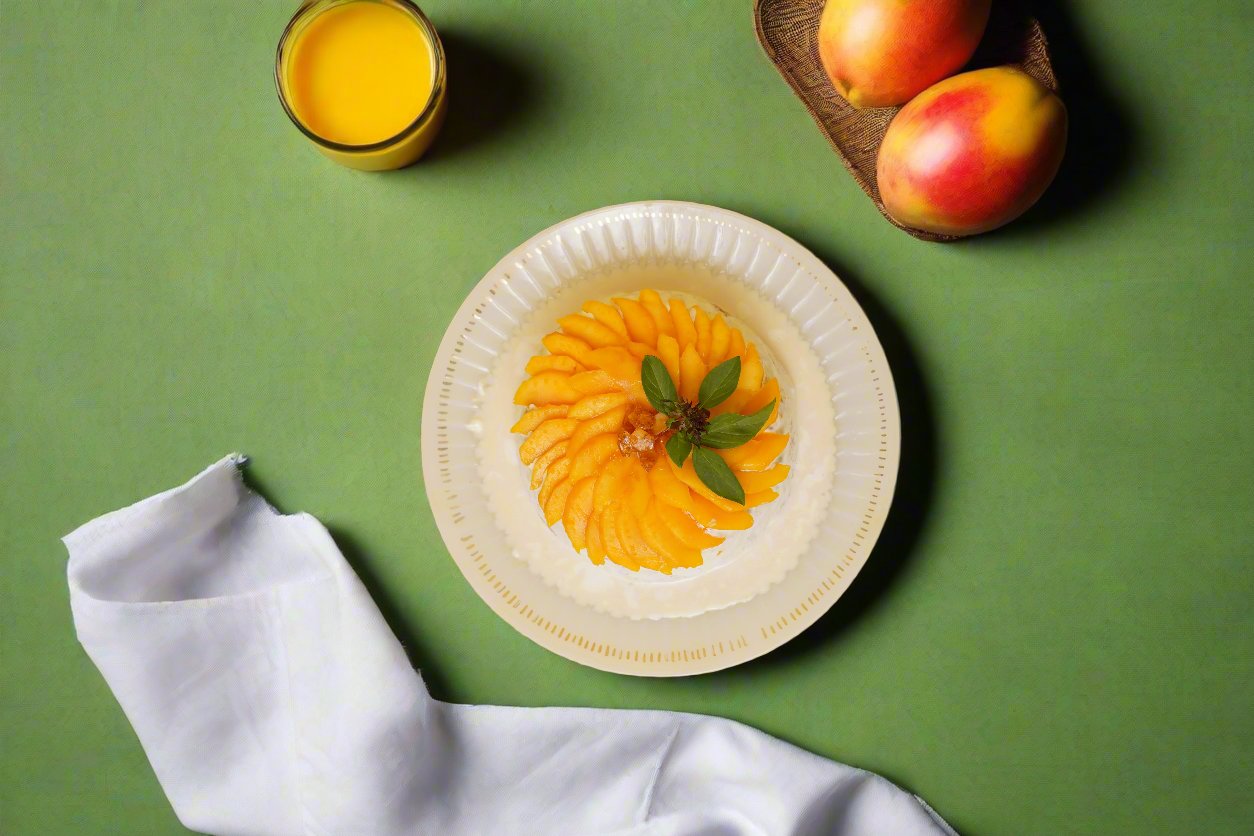 Mango Tres Leches Cake: Soft sponge soaked in a creamy Tres Leches blend, topped with fresh mango slices and smooth cream.