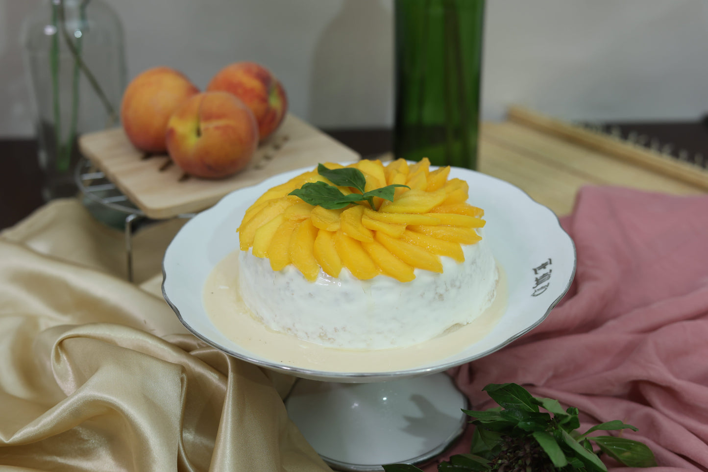 Peach and Cream Tres Leches Cake: Soft sponge soaked in a Tres Leches blend, topped with fresh peaches and smooth cream.